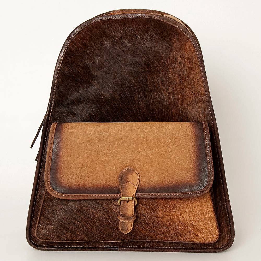 LC-ADBGI118B Western Hair-On Hide Leather Backpack - Genuine Cowhide with Buckle Pocket: ADBGI118B