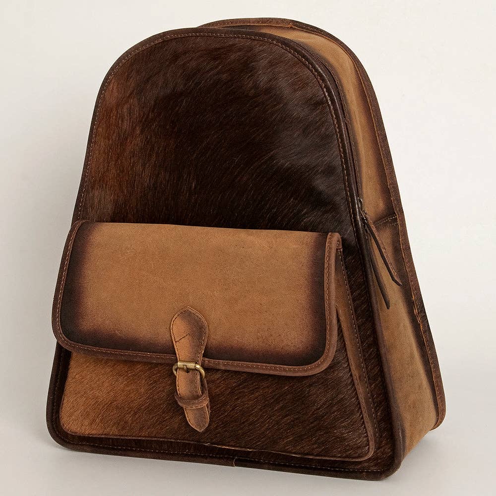 LC-ADBGI118B Western Hair-On Hide Leather Backpack - Genuine Cowhide with Buckle Pocket: ADBGI118B