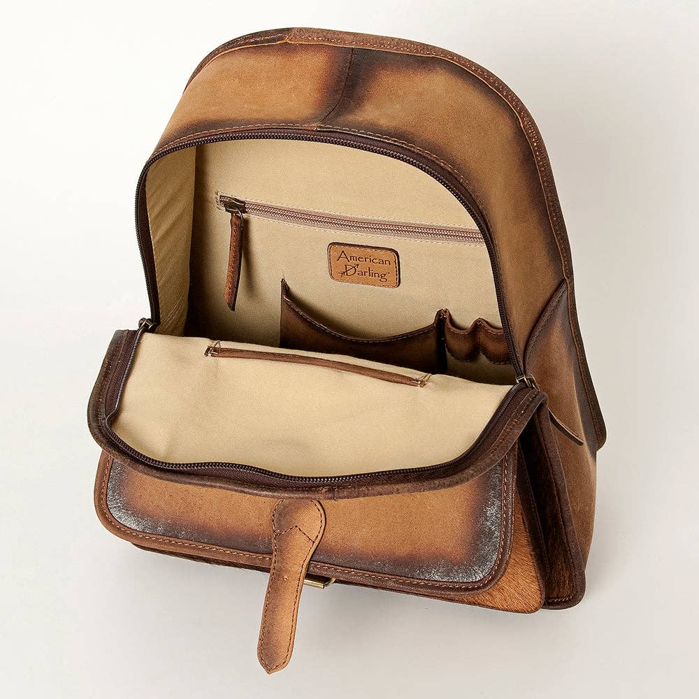 LC-ADBGI118B Western Hair-On Hide Leather Backpack - Genuine Cowhide with Buckle Pocket: ADBGI118B
