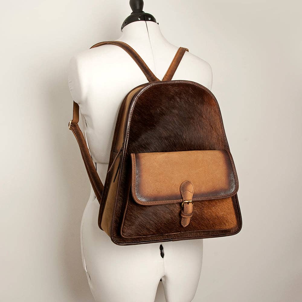 LC-ADBGI118B Western Hair-On Hide Leather Backpack - Genuine Cowhide with Buckle Pocket: ADBGI118B